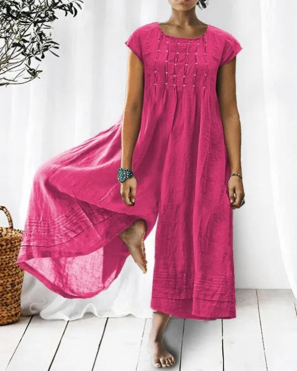 Anais- Damen Eleganter Leinen Jumpsuit Mit Kurzen Ärmeln 1