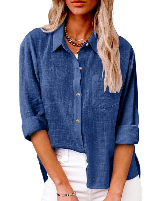 Ancelina- Langärmelige Taschenbluse Blau