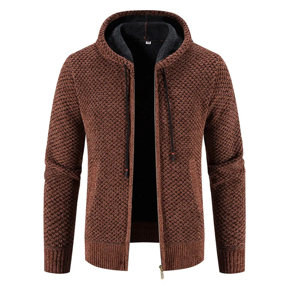 Andreas - Strickjacke für Herren mit Fleecefutter Winter Kapuze Braun