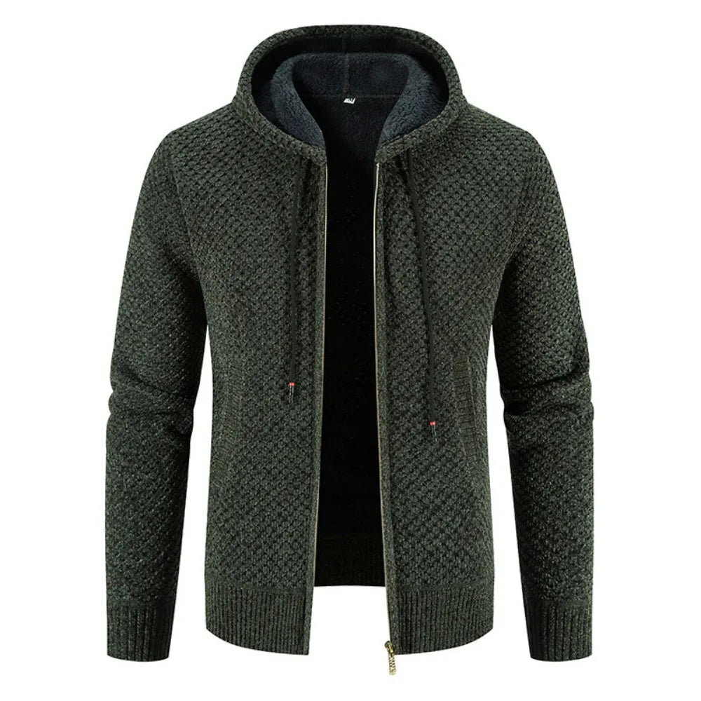 Andreas - Strickjacke für Herren mit Fleecefutter Winter Kapuze Dunkelgrün