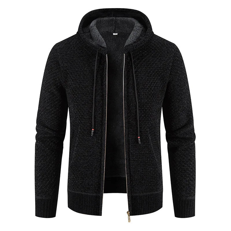 Andreas - Strickjacke für Herren mit Fleecefutter Winter Kapuze Schwarz
