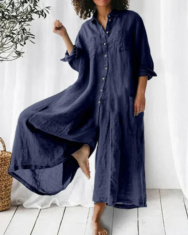 Andromeda- Damen Eleganter Leinen Baumwoll Jumpsuit Blau