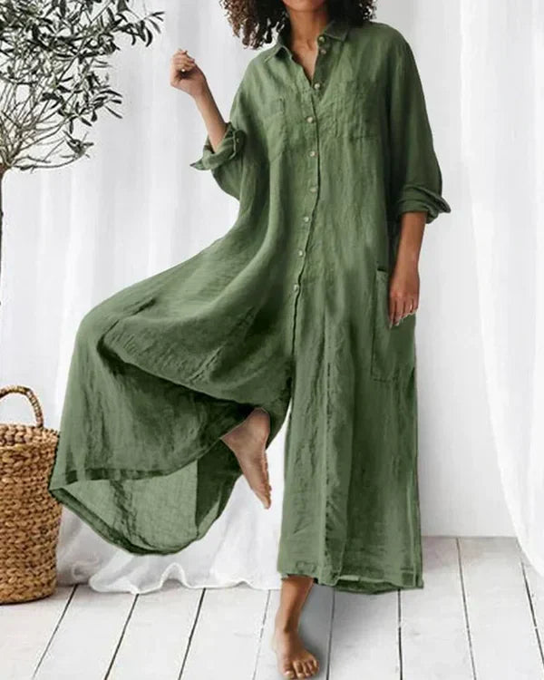 Andromeda- Damen Eleganter Leinen Baumwoll Jumpsuit Grün