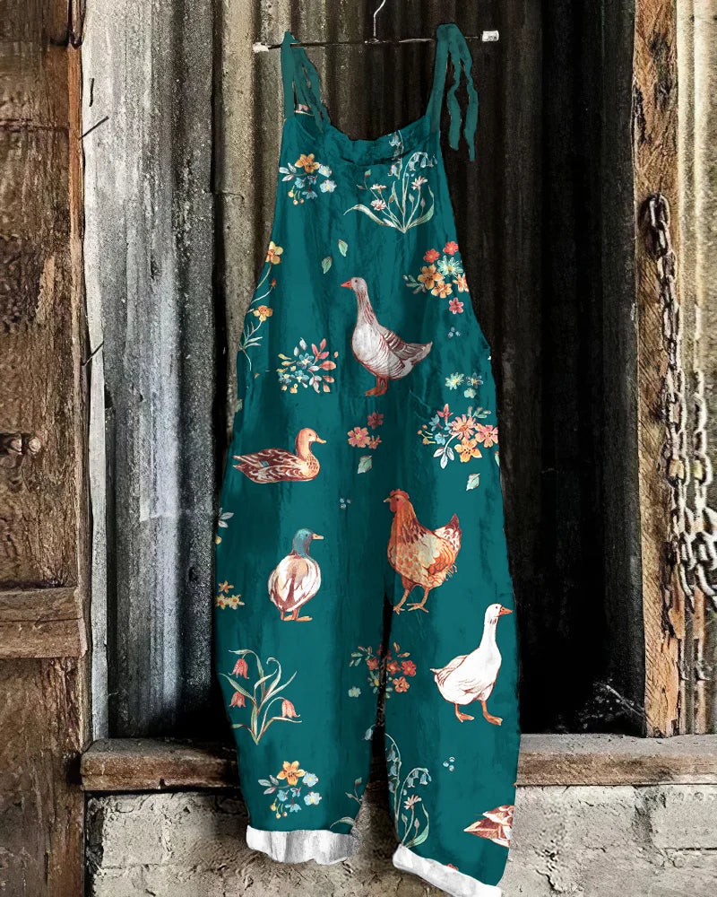 Angela- Damen Lässiger Baumwollmix Jumpsuit Mit Einzigartigem Kuhdruck Dunkelgrün