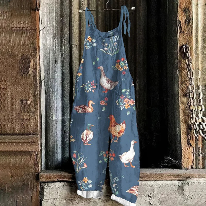 Angela- Damen Lässiger Baumwollmix Jumpsuit Mit Einzigartigem Kuhdruck Marineblau 2