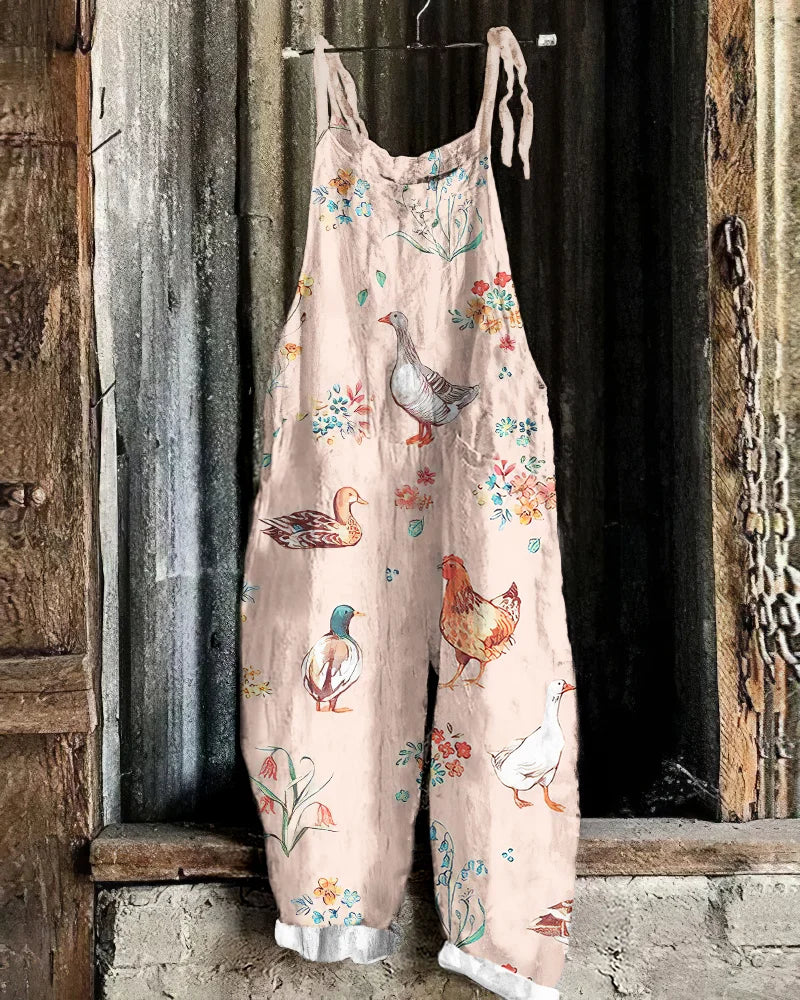 Angela- Damen Lässiger Baumwollmix Jumpsuit Mit Einzigartigem Kuhdruck Rosa
