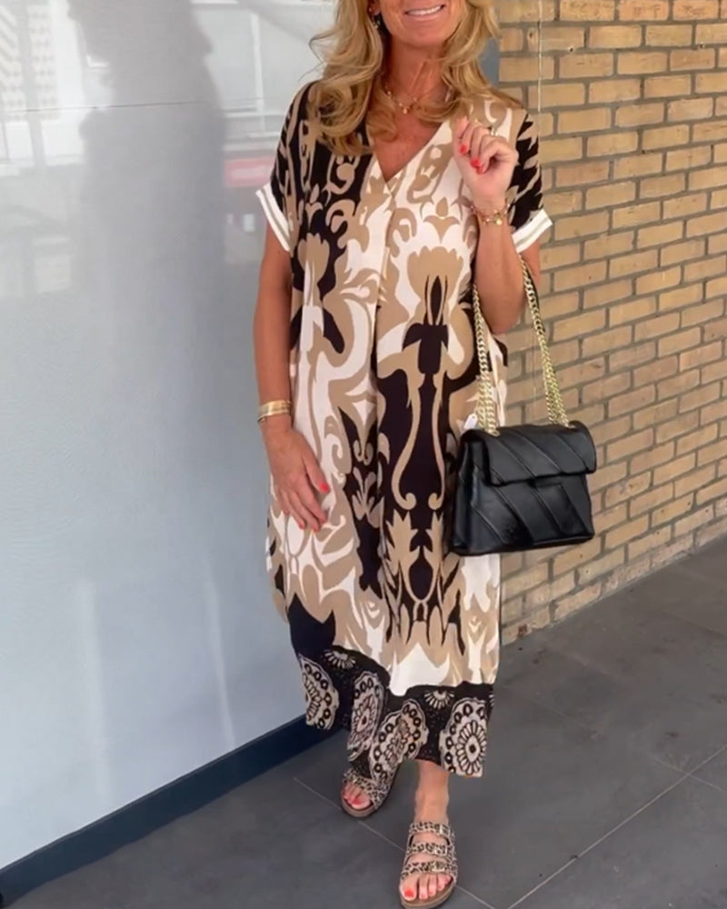 Angelika - Kleid mit geometrischem Print und V-Ausschnitt Braun 1