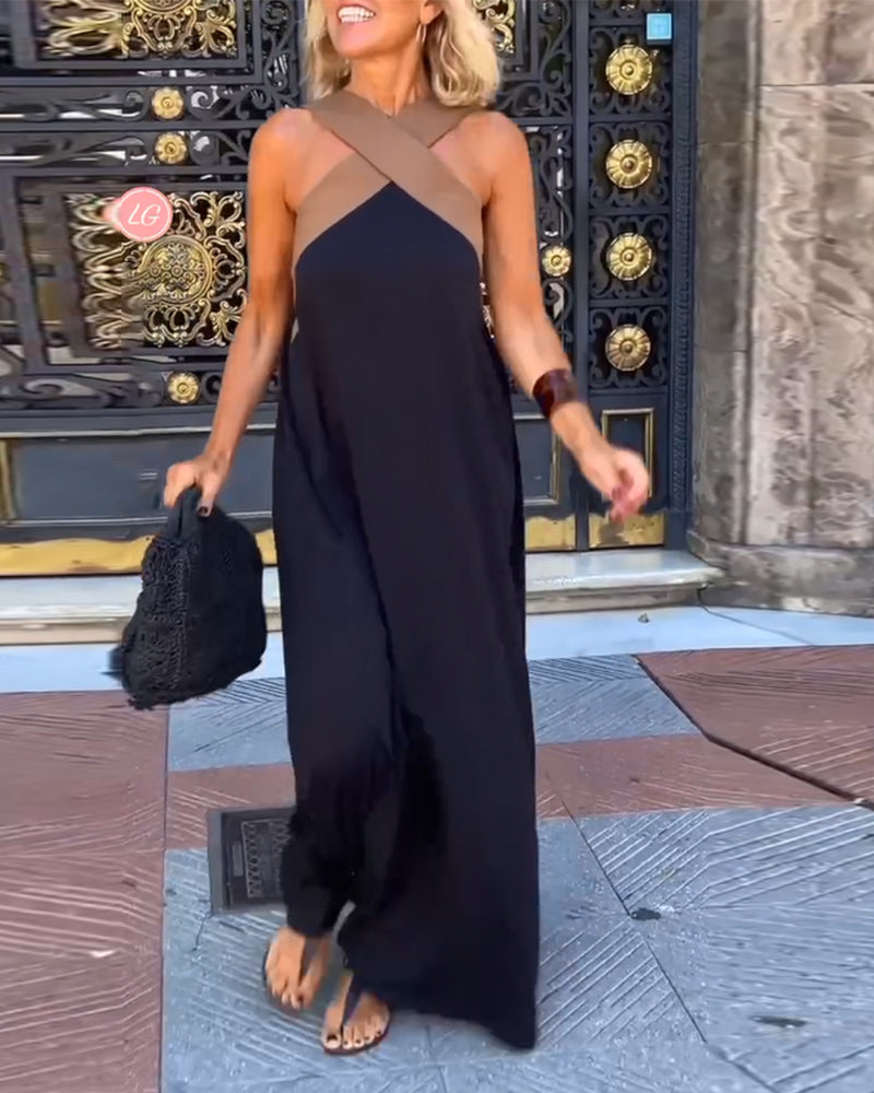 Annelore - Kreuzförmig Rückenfreies Elegantes Kleid Mit Kontrastfarbe Schwarz