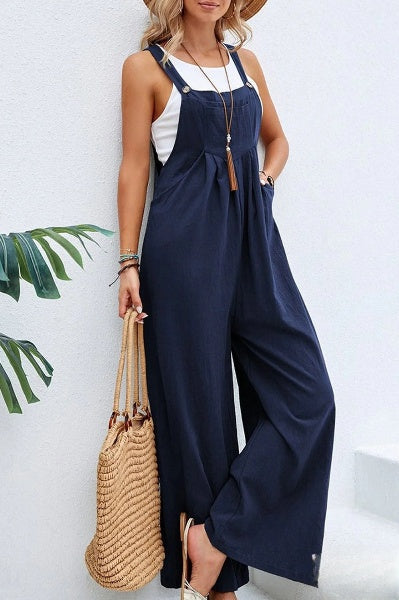 Ariane- Damen Eleganter Leichter Jumpsuit Mit Quadratischem Ausschnitt Dunkelblau
