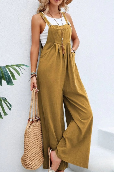 Ariane- Damen Eleganter Leichter Jumpsuit Mit Quadratischem Ausschnitt Erdgelb 1