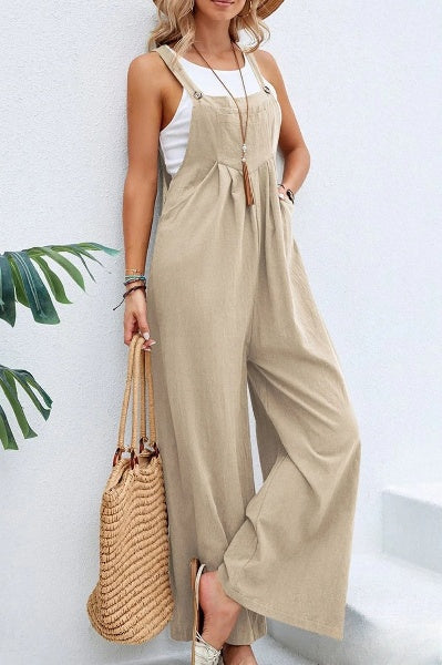 Ariane- Damen Eleganter Leichter Jumpsuit Mit Quadratischem Ausschnitt Khaki 1