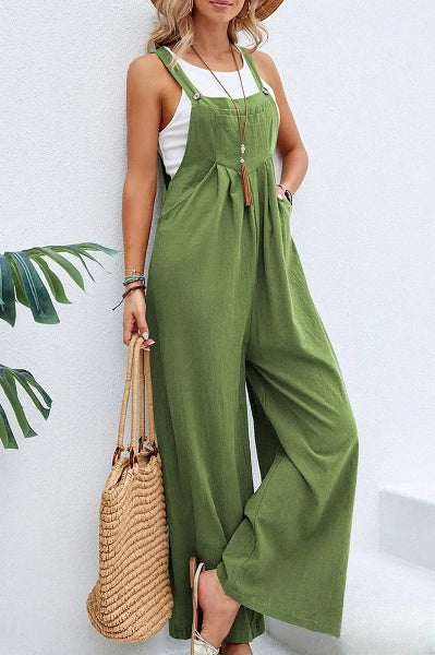 Ariane- Damen Eleganter Leichter Jumpsuit Mit Quadratischem Ausschnitt Olivegrün