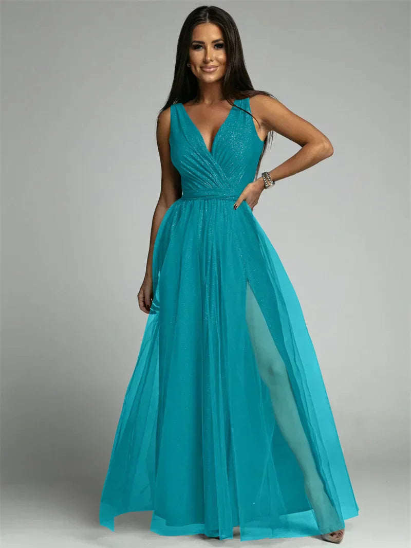 Ariela- Elegantes V-Ausschnitt Kleid Blau