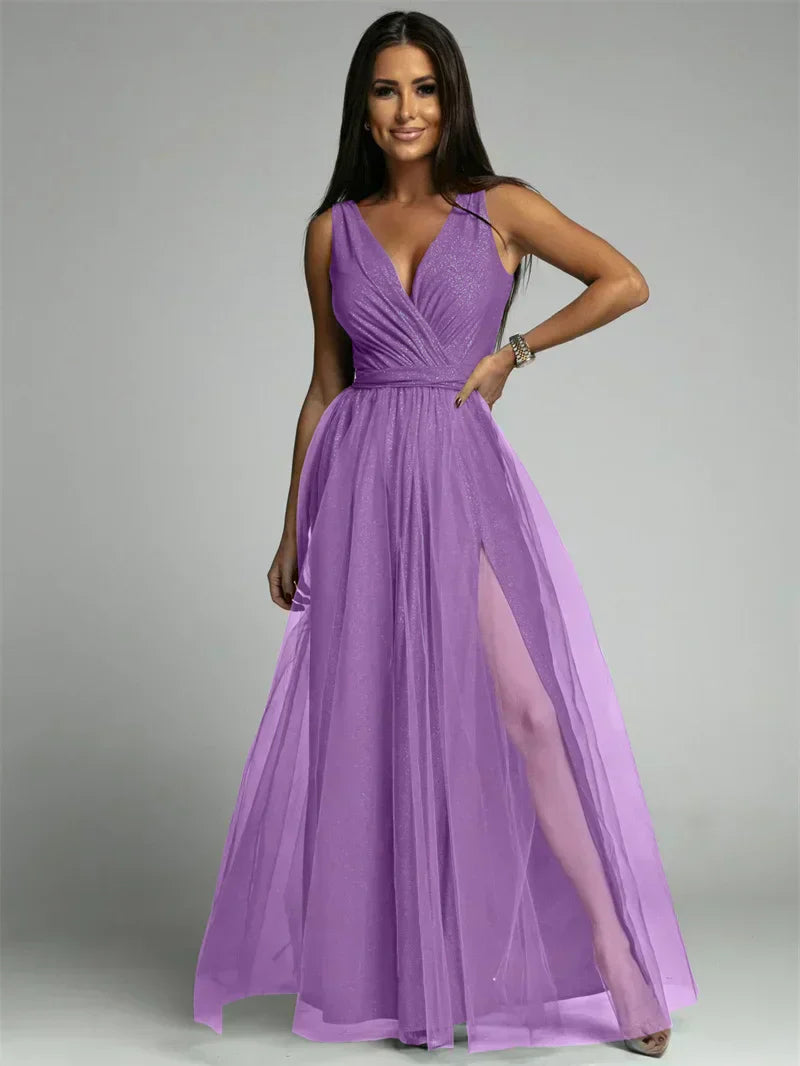 Ariela- Elegantes V-Ausschnitt Kleid Lila 1