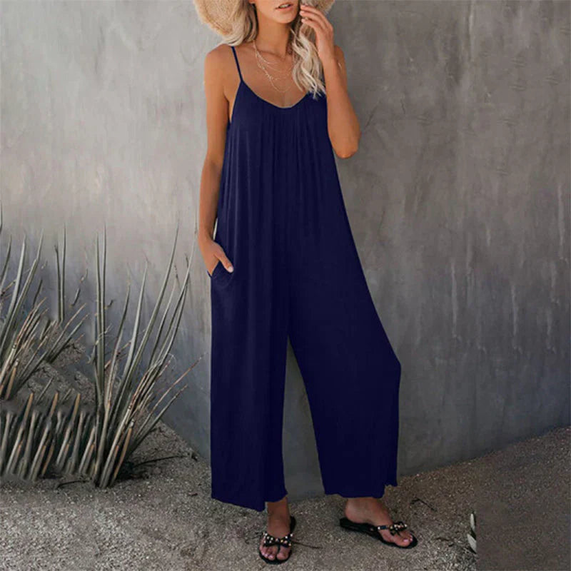 Aurelia- Damen Bequemer Ärmelloser Jumpsuit Mit Gürtel Blau 1