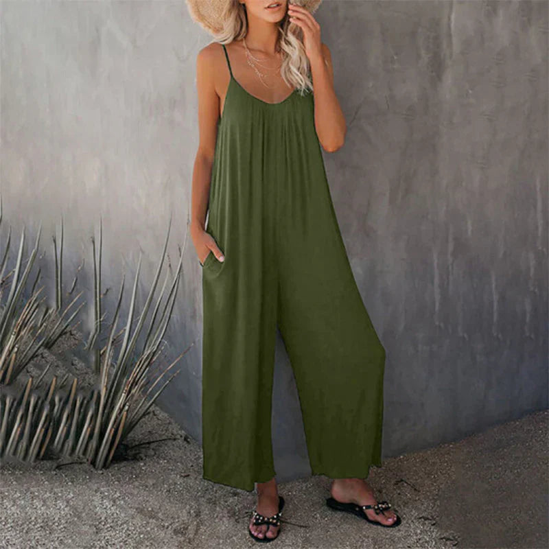 Aurelia- Damen Bequemer Ärmelloser Jumpsuit Mit Gürtel Grün