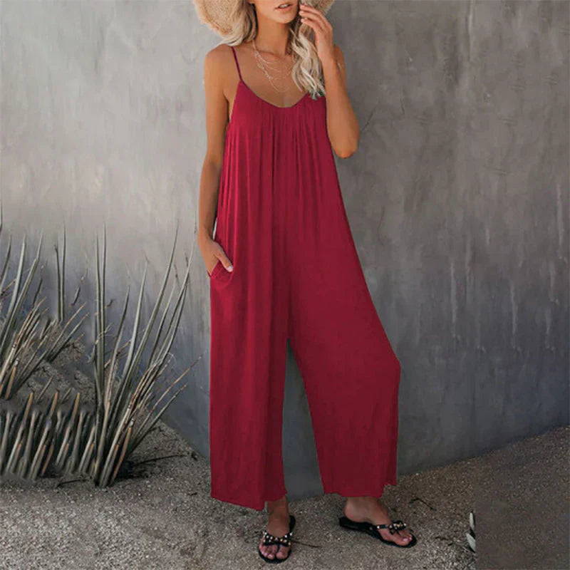 Aurelia- Damen Bequemer Ärmelloser Jumpsuit Mit Gürtel Rot