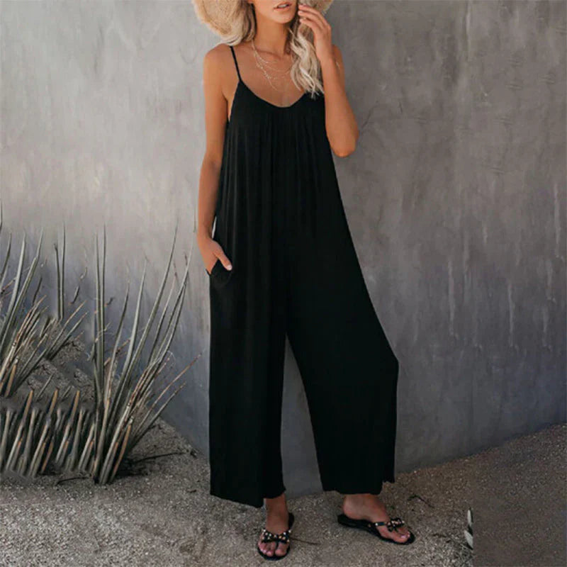 Aurelia- Damen Bequemer Ärmelloser Jumpsuit Mit Gürtel Schwarz 1