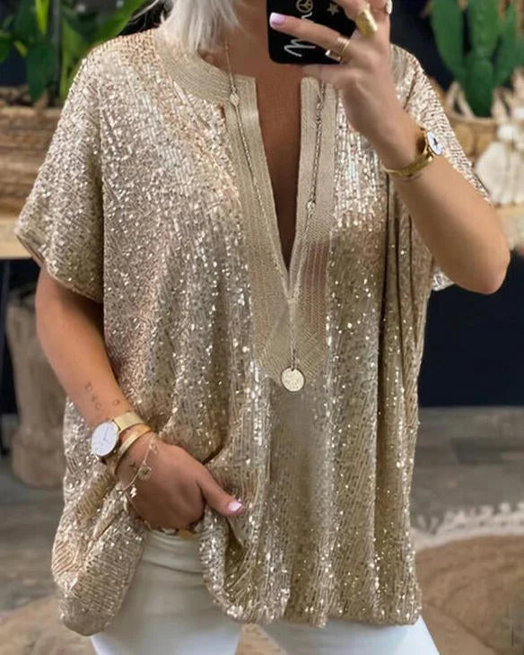 Aziza- Damen Paillettenbluse V-Ausschnitt Elegant Gold