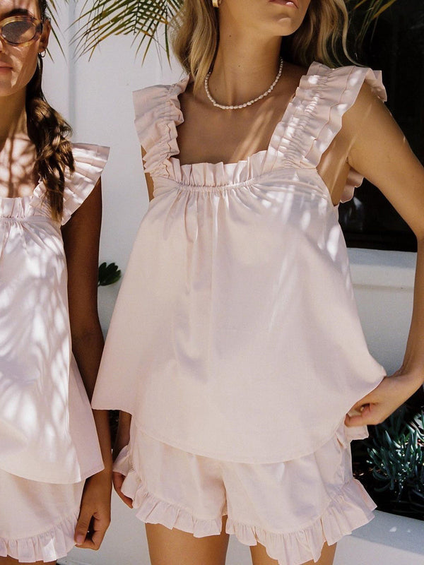Babette - Damen Rüsche Sommer Set Zweiteilig Rosa