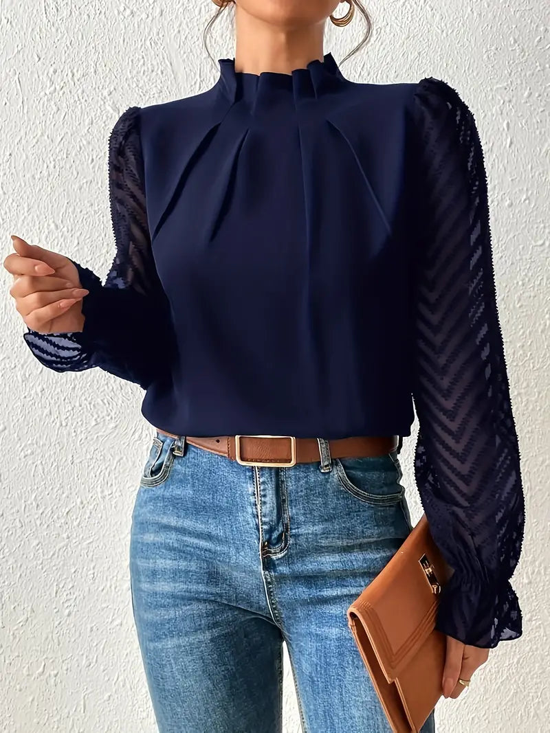 Babette – Plissiertes Top mit Strickärmeln für Damen Marineblau
