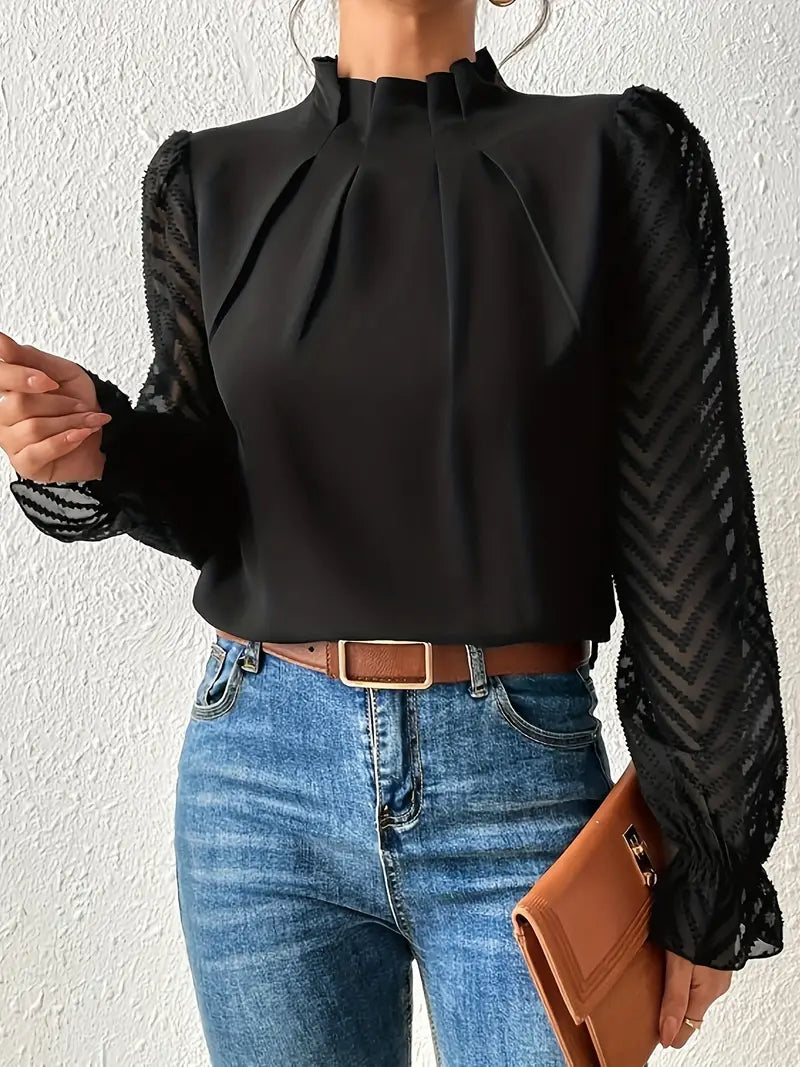Babette – Plissiertes Top mit Strickärmeln für Damen Schwarz