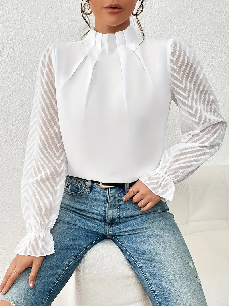 Babette – Plissiertes Top mit Strickärmeln für Damen Weiß