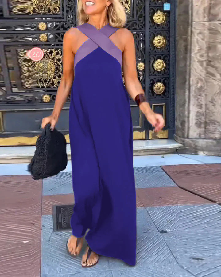 Barbara- Damen Maxikleid mit modernem X-Trägerdesign Blau 1