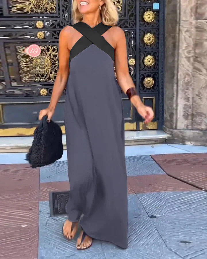 Barbara- Damen Maxikleid mit modernem X-Trägerdesign Grau