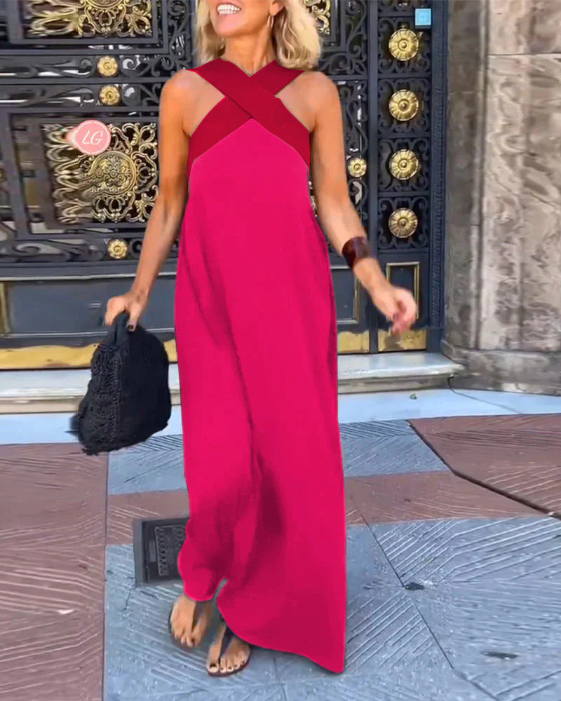 Barbara- Damen Maxikleid mit modernem X-Trägerdesign Magenta