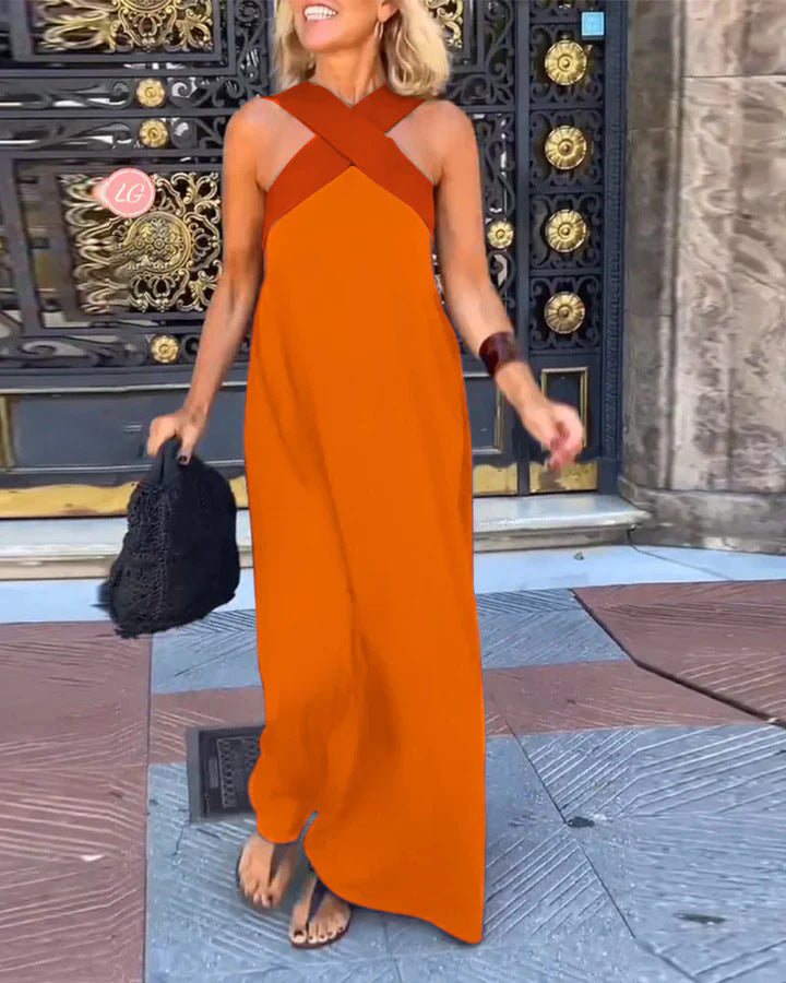 Barbara- Damen Maxikleid mit modernem X-Trägerdesign Orange