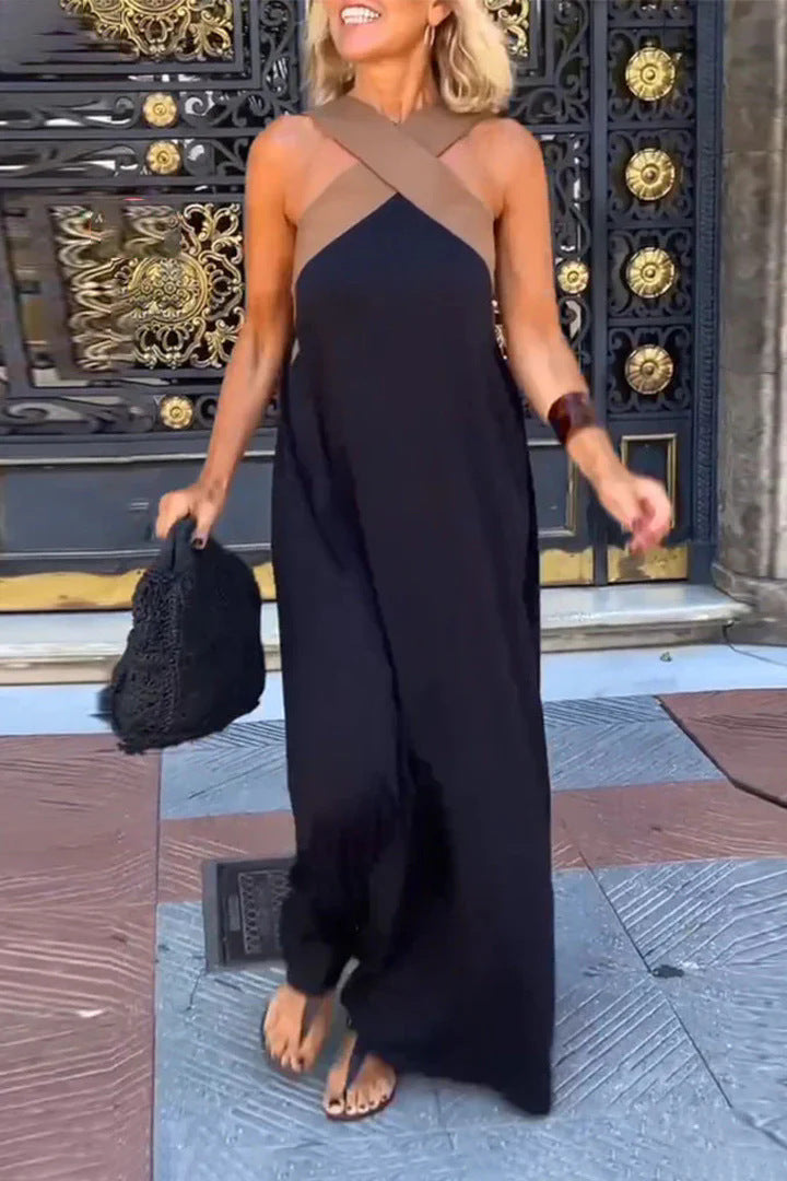 Barbara- Damen Maxikleid mit modernem X-Trägerdesign Schwarz