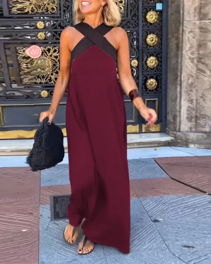 Barbara- Damen Maxikleid mit modernem X-Trägerdesign Weinrot 1