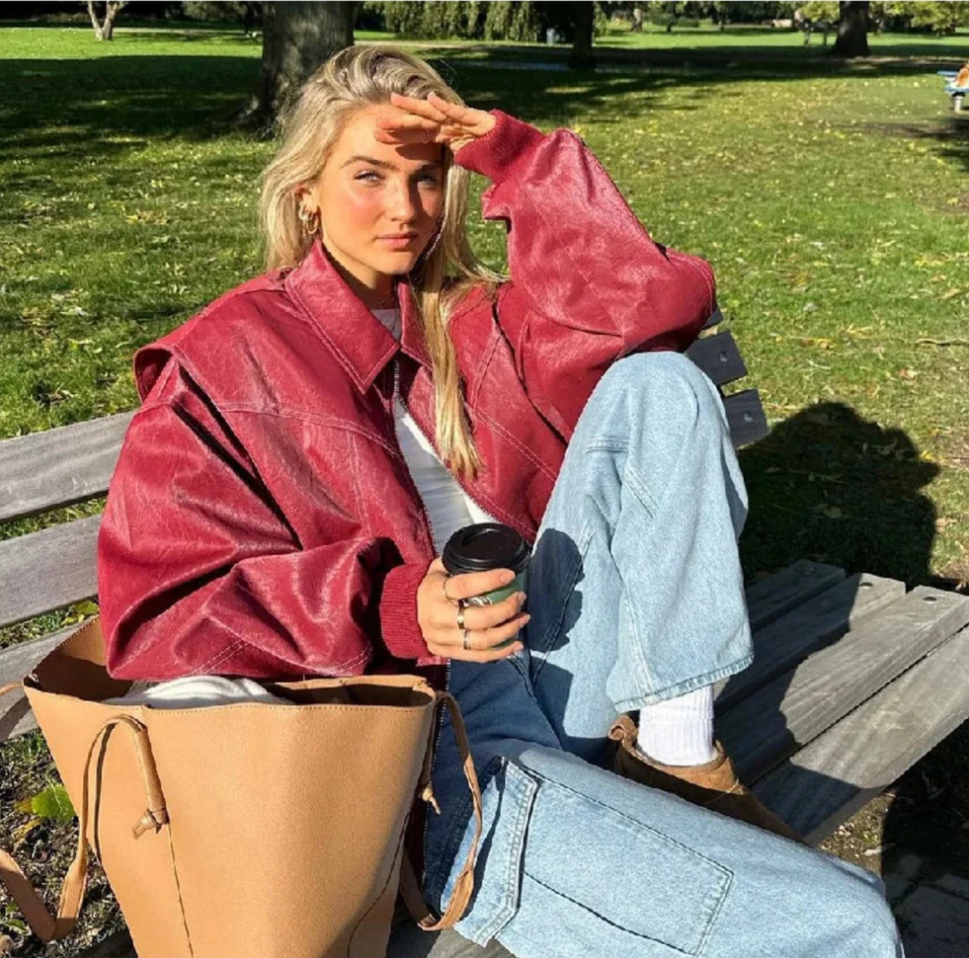 Barbara - Rote Oversize Jacke Damen Modisch Bequem Rot