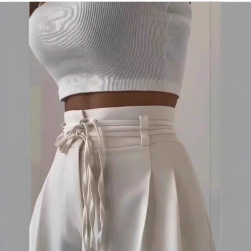 Basia- Damen Weite High Waist Hose mit Bindegürtel 