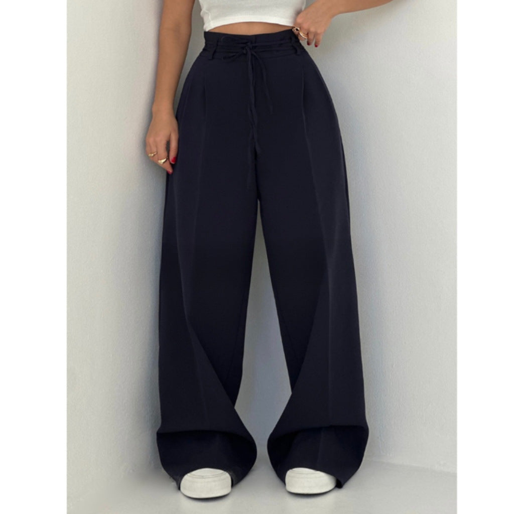Basia- Damen Weite High Waist Hose mit Bindegürtel Blau