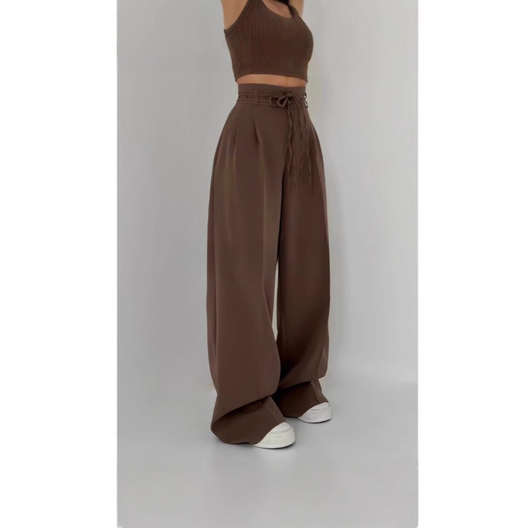 Basia- Damen Weite High Waist Hose mit Bindegürtel Dunkelbraun