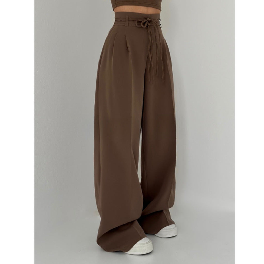 Basia- Damen Weite High Waist Hose mit Bindegürtel Dunkelbraun 1-0-cib