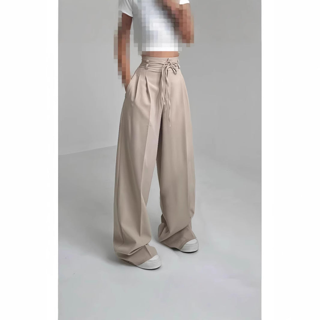 Basia- Damen Weite High Waist Hose mit Bindegürtel Khaki 