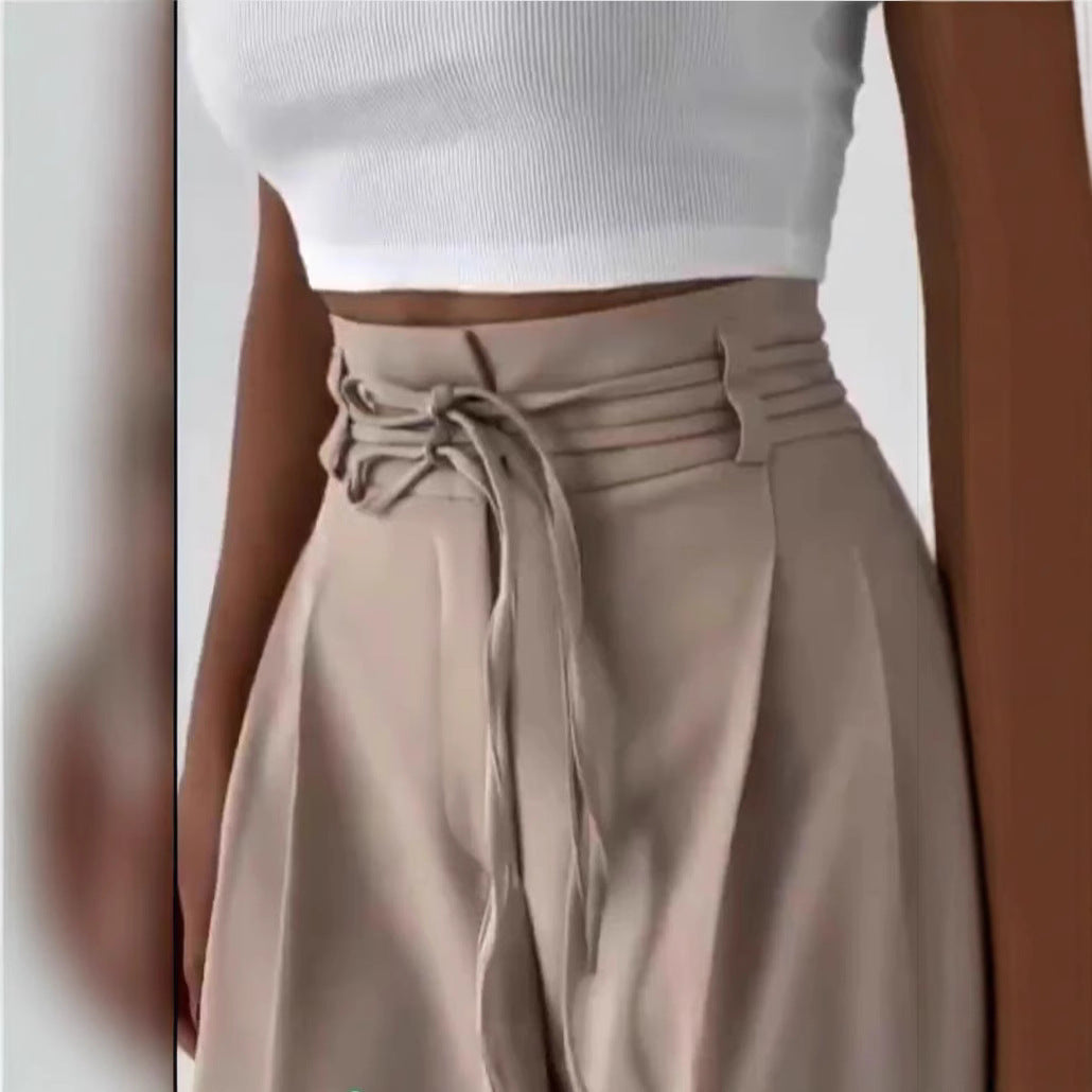 Basia- Damen Weite High Waist Hose mit Bindegürtel Khaki  1-0-cib