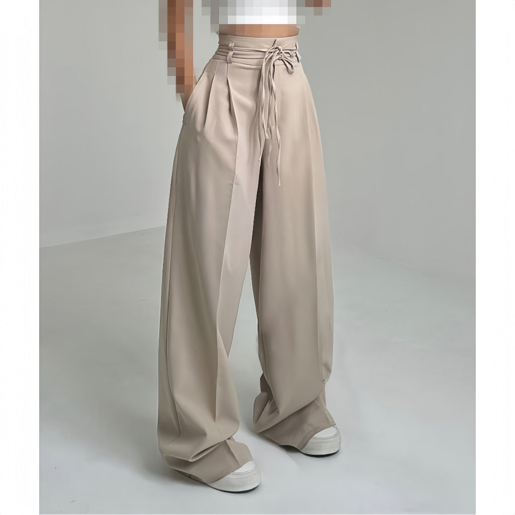 Basia- Damen Weite High Waist Hose mit Bindegürtel Khaki  2-0-cib-0-cib
