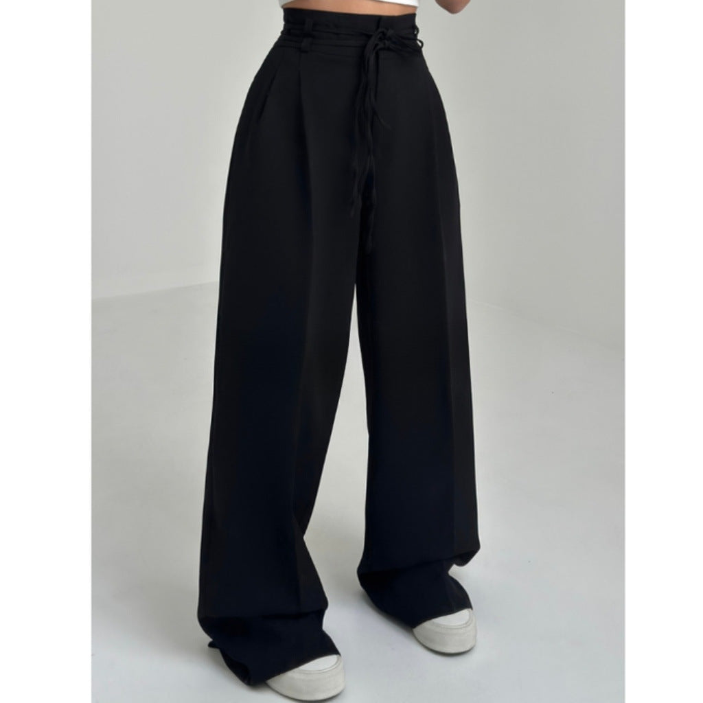Basia- Damen Weite High Waist Hose mit Bindegürtel Schwarz