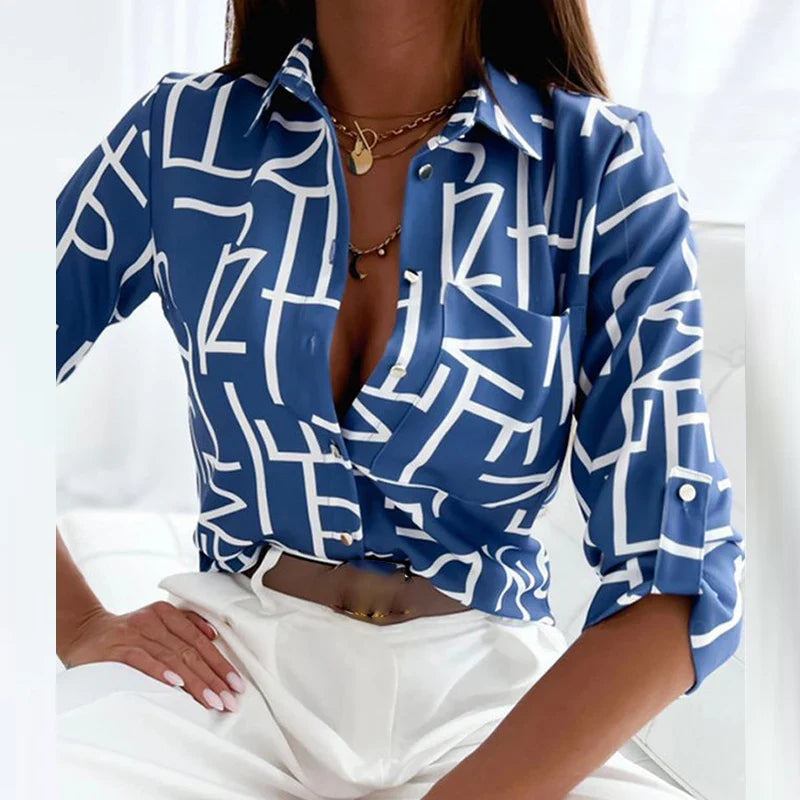 Belinda- Lässige Bluse mit langen Ärmeln und Aufdruck style1 - Blau