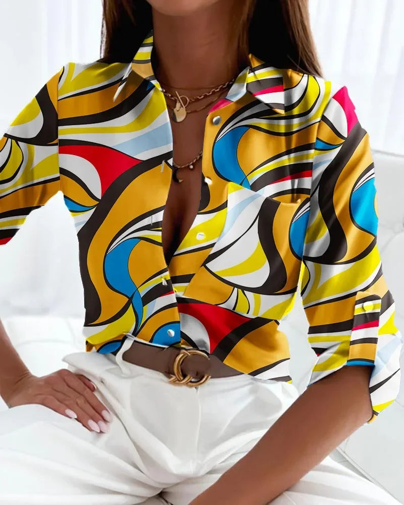Belinda- Lässige Bluse mit langen Ärmeln und Aufdruck style4 - Gelb