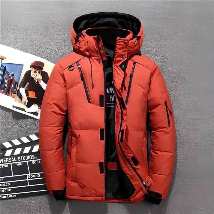 Benjamin - Herren Winterjacke Mit Kapuze und Reißverschlusstaschen Rot 