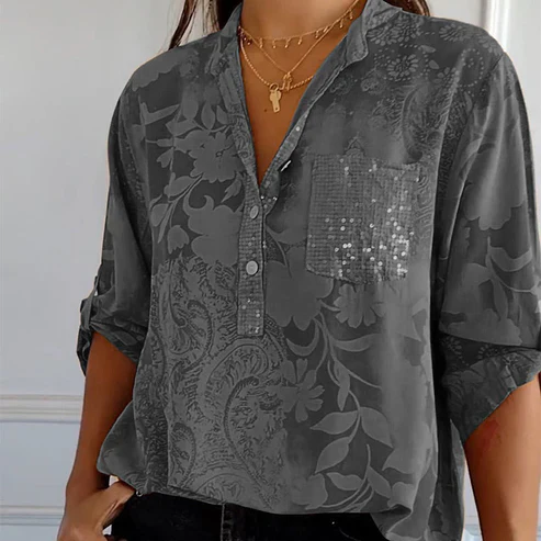 Berit - Langärmlige Bluse mit Blumenmuster Grau