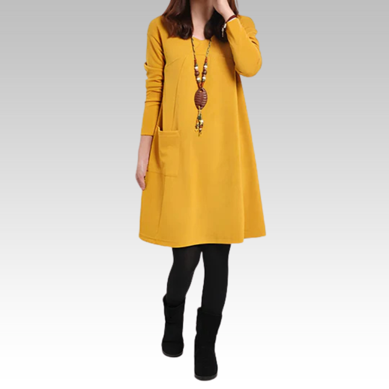 Berit – Warmer Damen Strick Pulloverkleid Premium Gelb