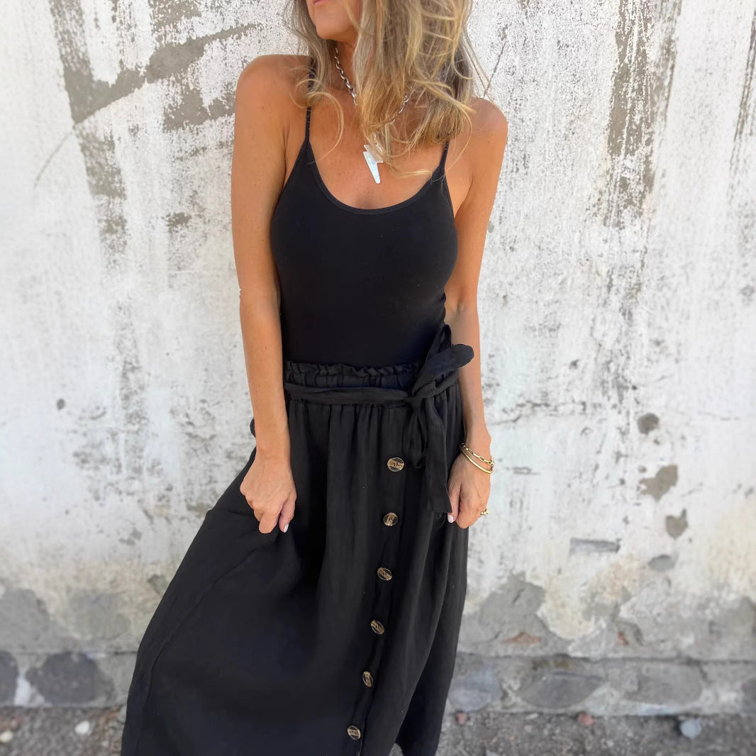 Bianca- Damen Midi Rock mit Knopfdetails und Bindegürtel Schwarz