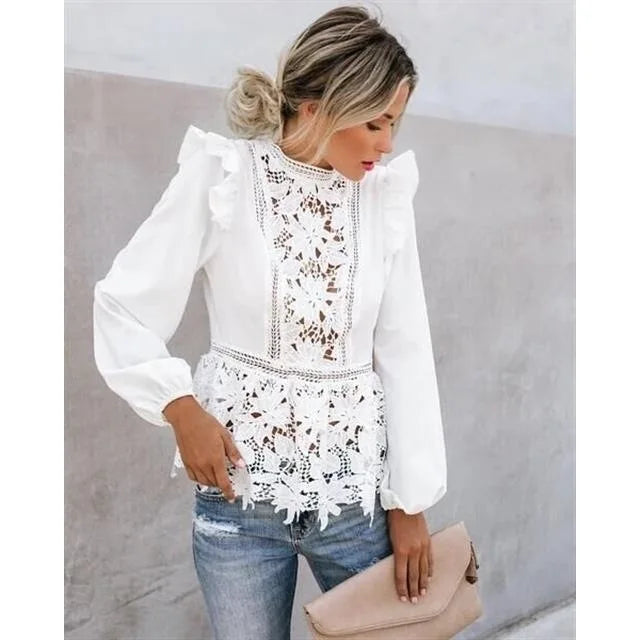 Bijanka- Langärmliges Top aus Spitze und Patchwork Weiß 1