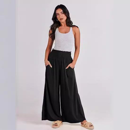 Bronislava- Damen Weite Palazzo Hose mit elastischem Bund Schwarz